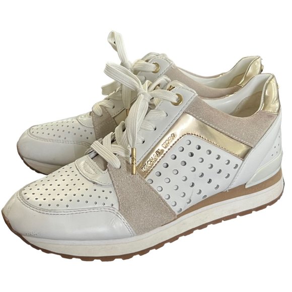 Michael Kors MK Billie Trainer Sneakers Shoes White Gold Size 7.5 - Picture 1 of 12